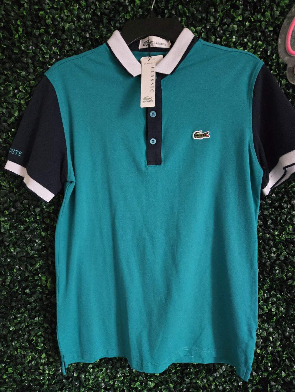 New Lacoste Teal Polo with Navy and White Contrast Large Slim Medium